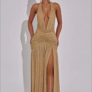 Elegant Backless Tan Evening Dress